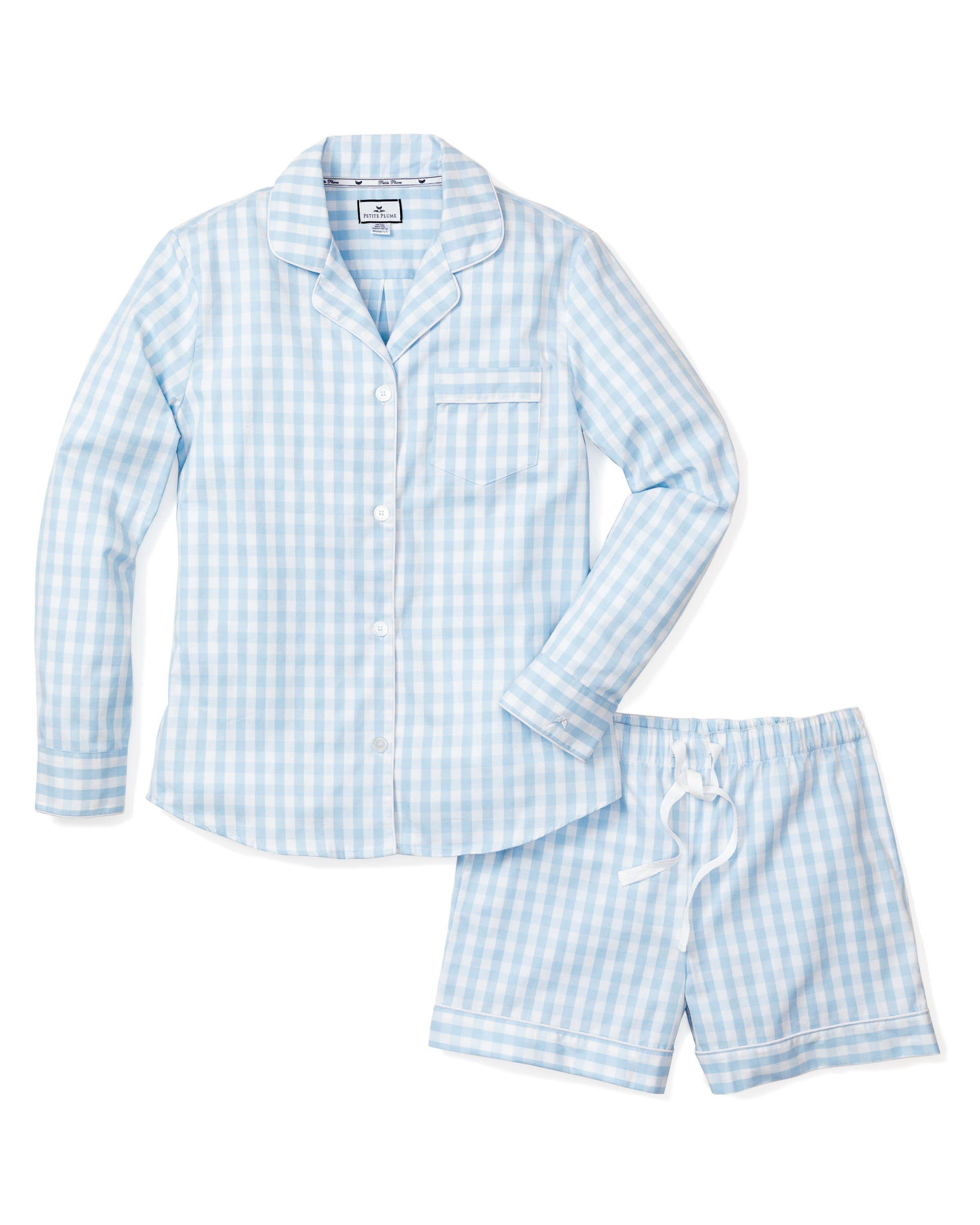 Janie and Jack Light Blue Gingham Long Sleeve Short Set