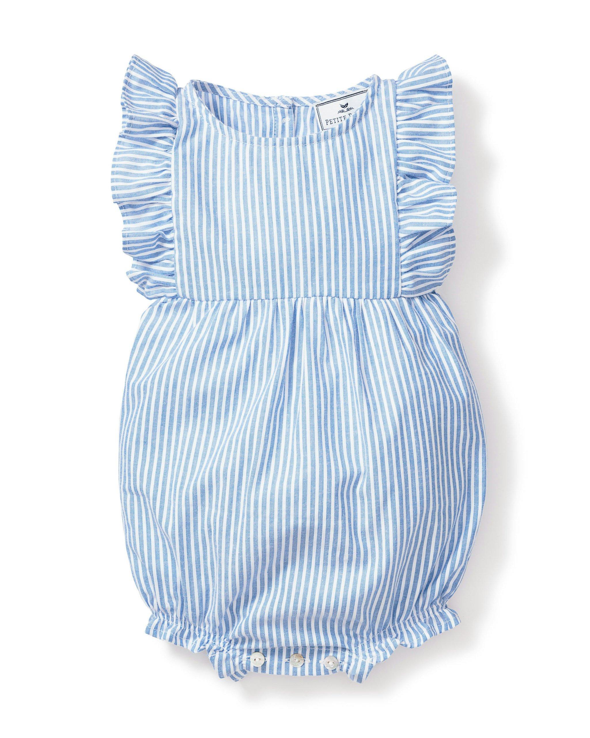 Janie and Jack Baby's Twill Ruffled Romper in French Blue Seersucker
