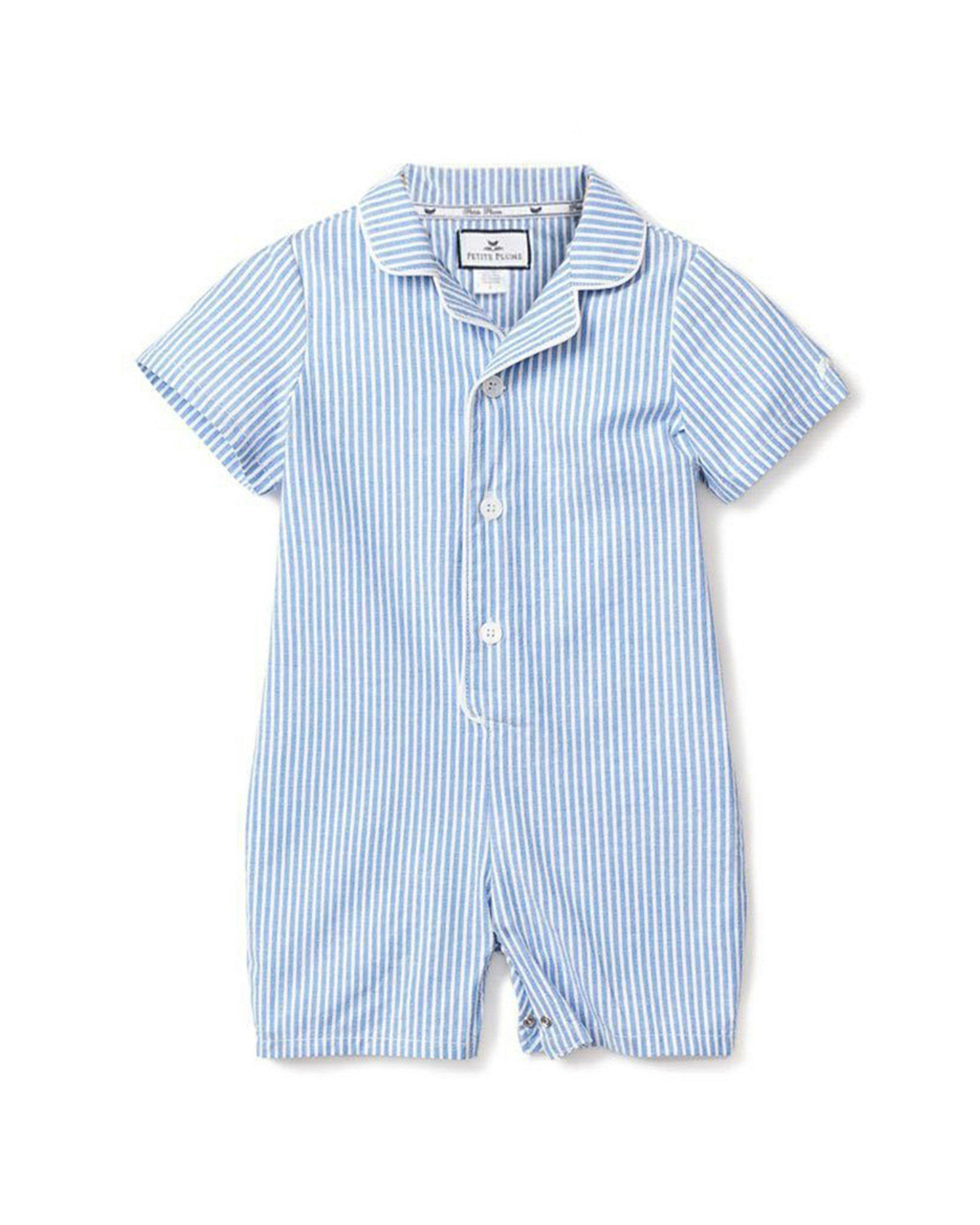 Janie and Jack Baby's Twill Summer Romper in French Blue Seersucker