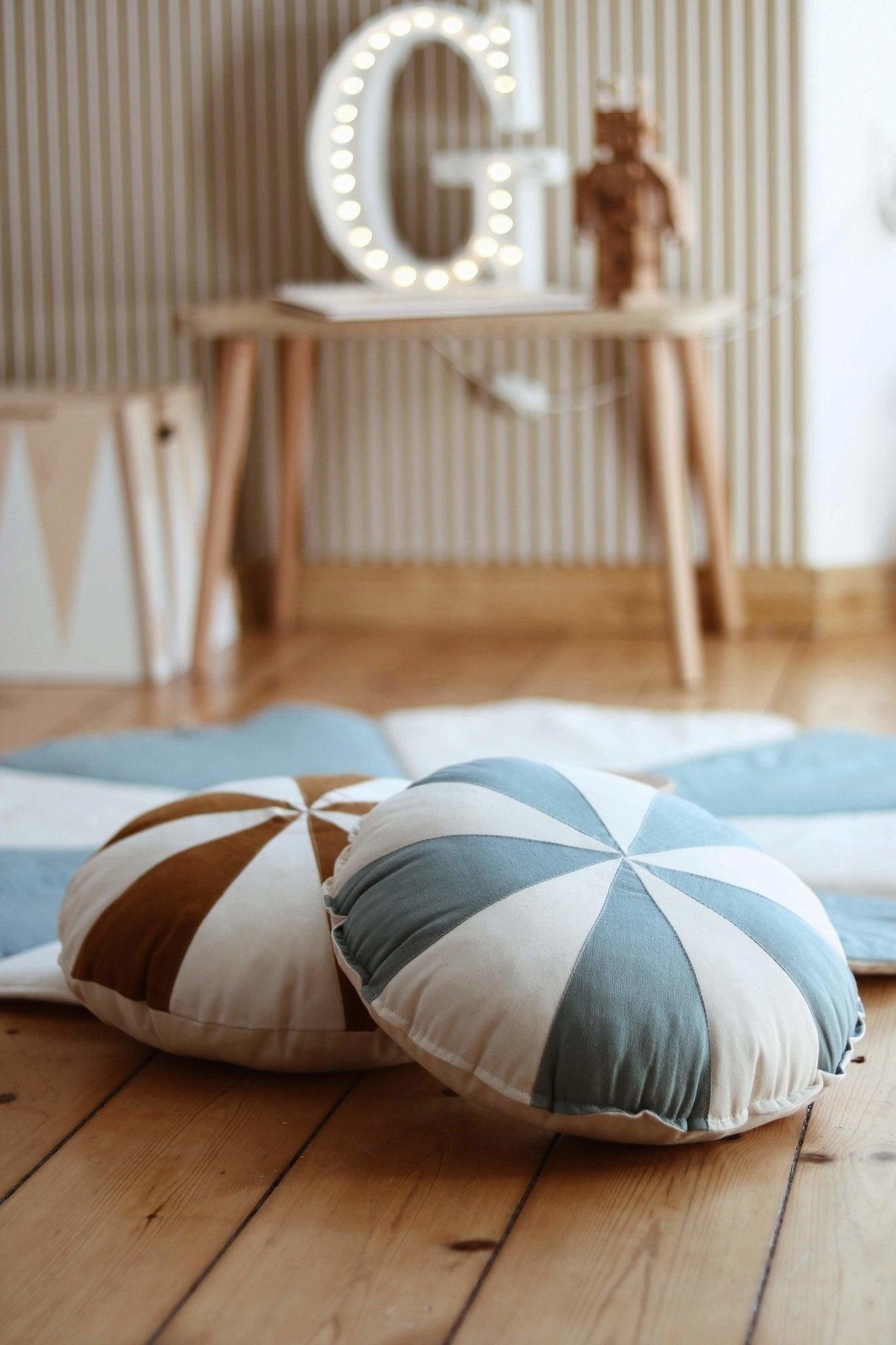 Janie and Jack Blue Circus Round Patchwork Pillow