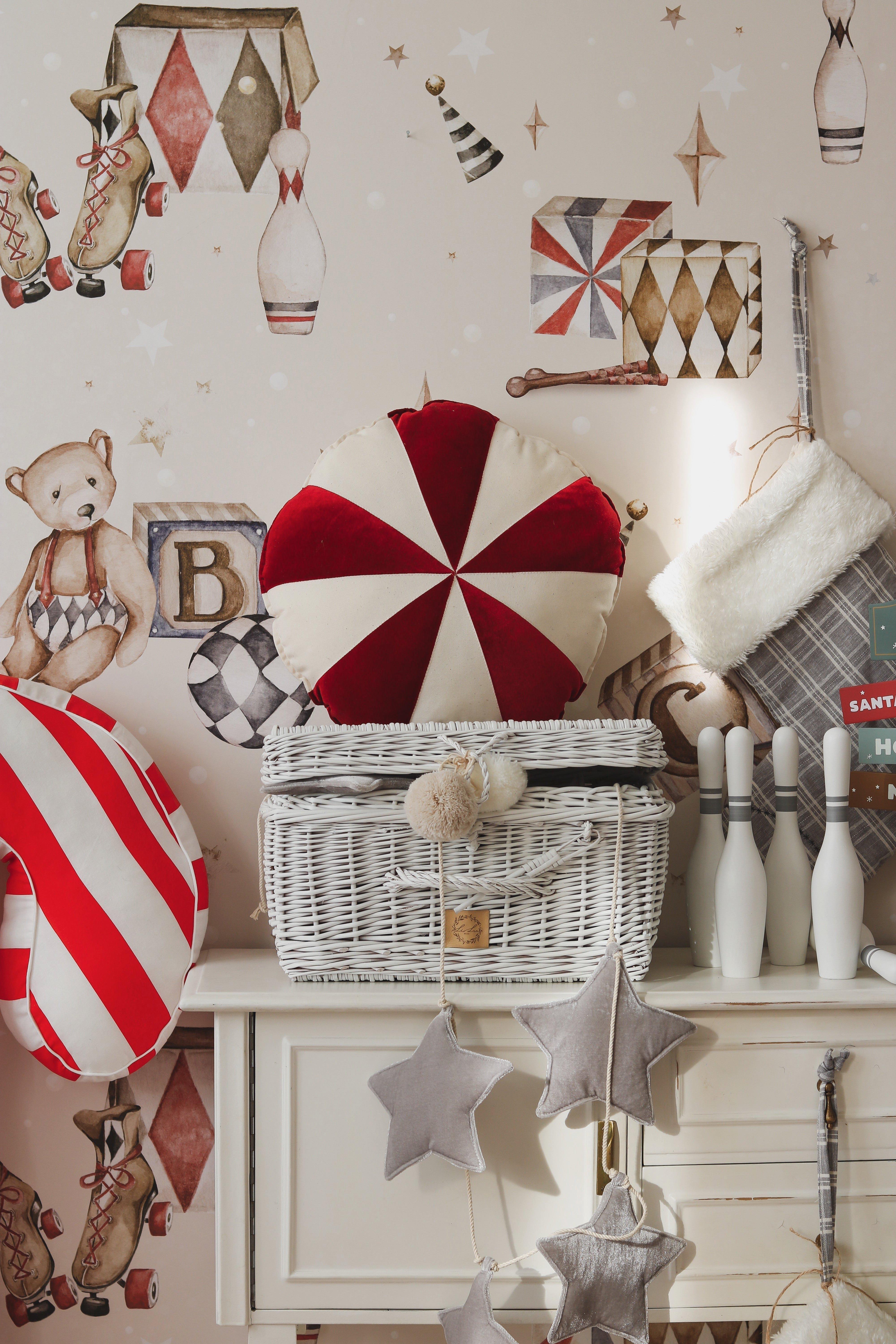 Janie and Jack Red Circus Round Patchwork Pillow